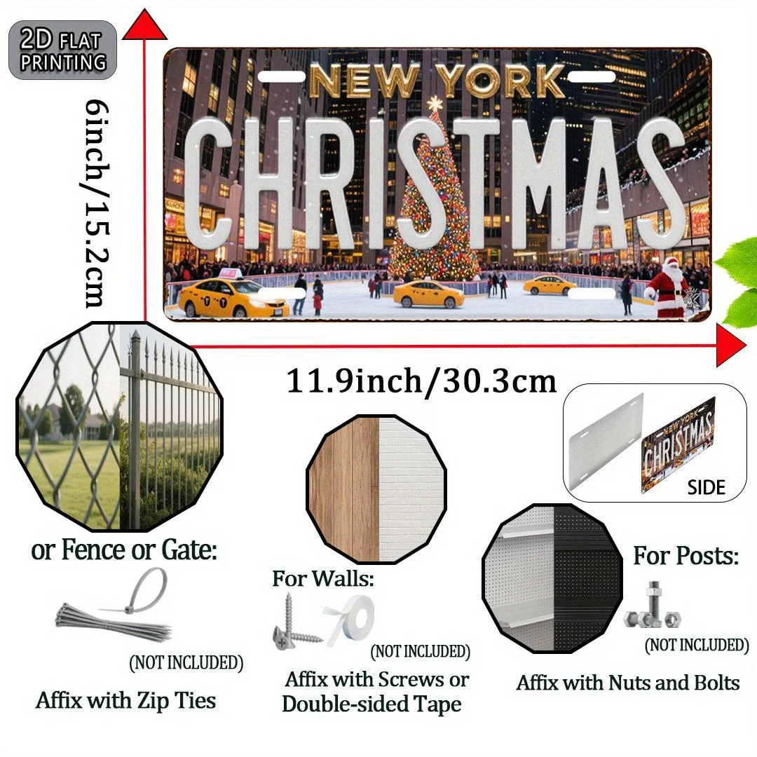 2D Flat, 1pc New York Christmas Vintage Metal Aluminum Sign, 11, 22.86x15.24 cm Wall Hanging Decorative Plaque, Multipurpose Hol