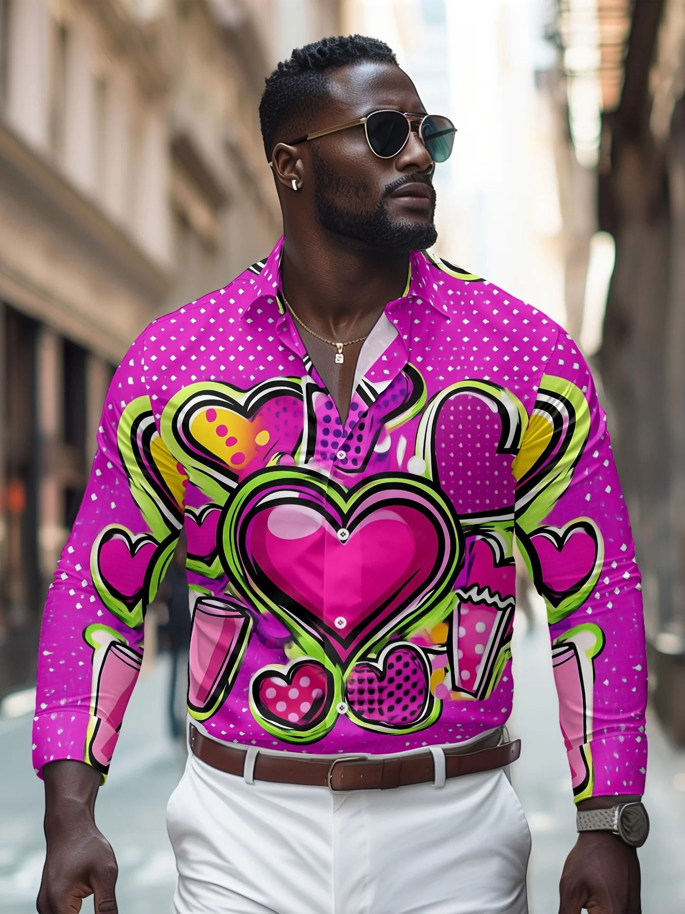 

Trend Gift, Creative Character Pattern, Trend Print, Men's Long Sleeve Button- Lapel Polyester Shirt, New Year Trend Top 2025,
