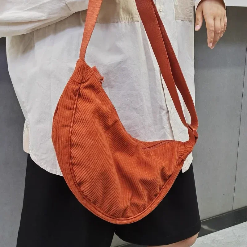 Simple Corduroy Women\'s Hobos Shoulder Bags Retro Solid Color Female Crossbody Bag Casual Cloth Messenger Bag Travel Handbags