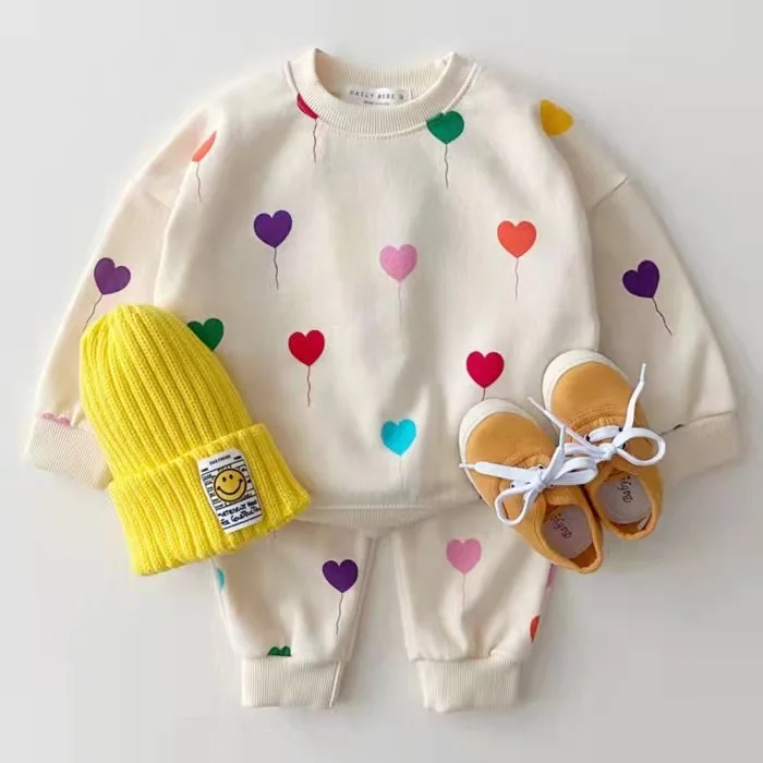 2024 Autumn Korean Baby and Toddler Clothing Love Balloon Fashion Casual Set Hoodie Pant Two-piece Set Trendy