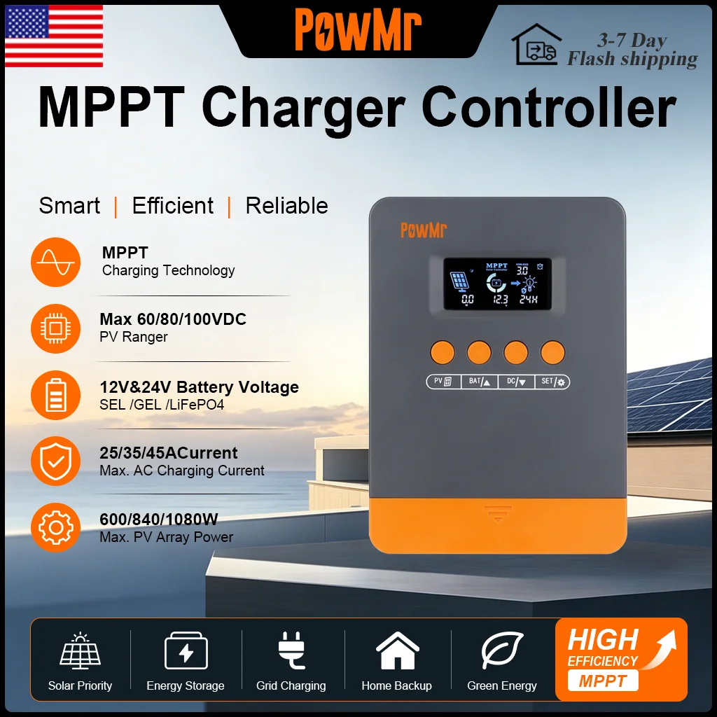 PowMr 24V 12V MPPT Solar Charging Controller 45A 35A 25A Charging Current 99.9% MPPT Tracking Efficiency 3 Stage Charging with LCD Display for RV Marine Off Grid Solar System Wholesale Purchases