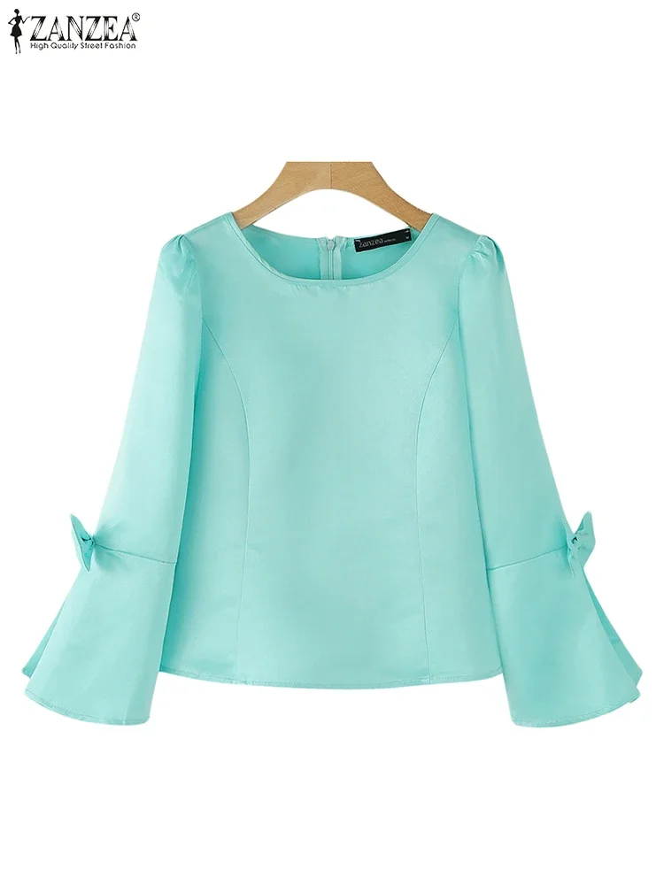 ZANZEA Women Vintage Satin Blouse Party Office Lady Square Collar Tops Korean Long Puff Sleeve Bow Stitching Tunic Casual Blusas