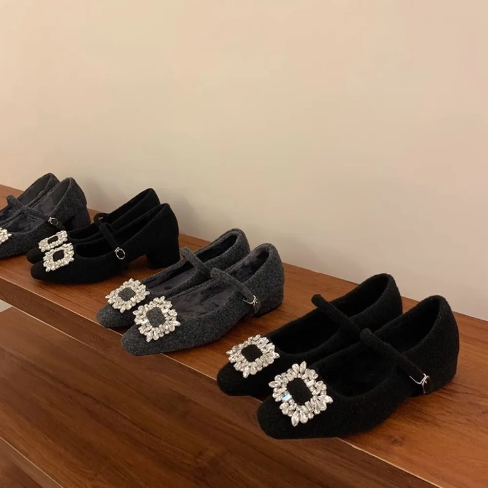 

Designer Furry Mary Janes Women Low Heel Rhinestone Buckle Shoes Ladies Belt Buckle Pumps Fur Tacones Mujer Office Work Loafers