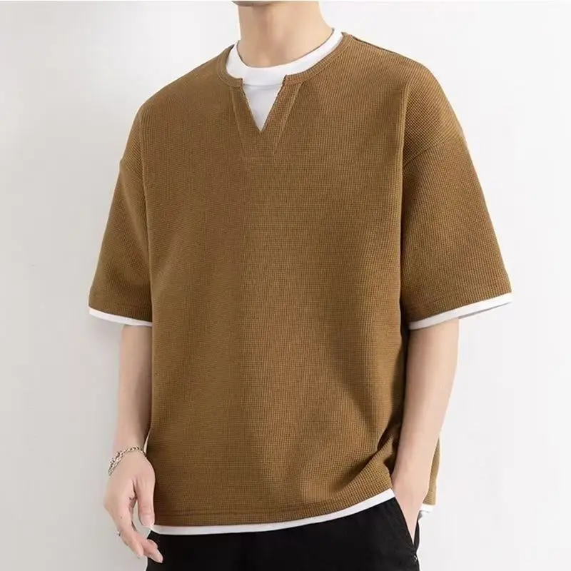 Men Dark Gray Waffle Knit Fake Two Piece Short Sleeve T-Shirt V-Neck Loose Casual Cotton Summer Top
