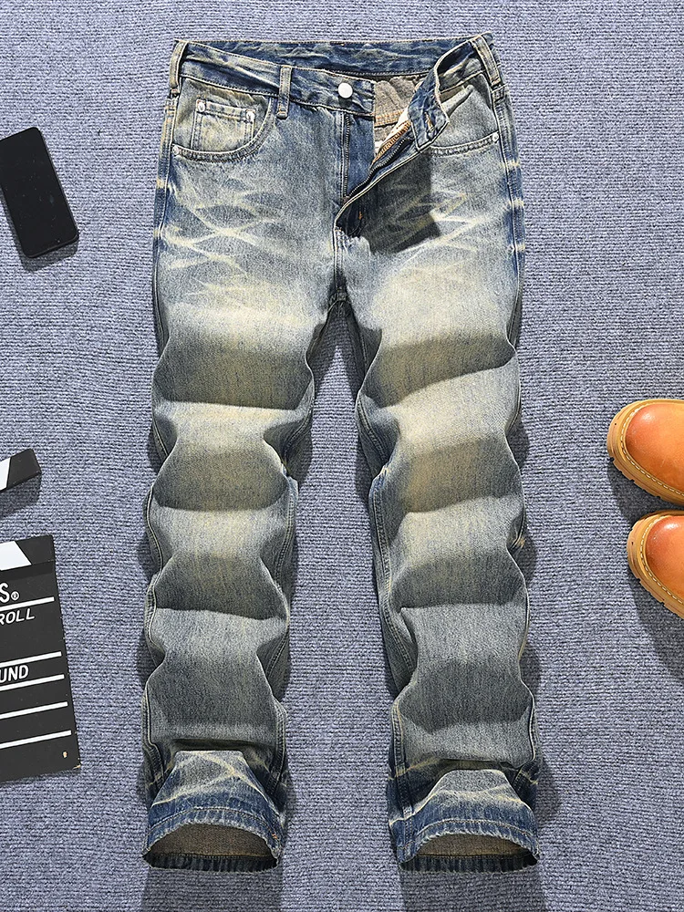 جينز قديم للرجال، فضفاض مستقيم الساق مغسول من قماش الدنيم القديم، أزياء ثقيلة راقية، سراويل حضرية وسيم