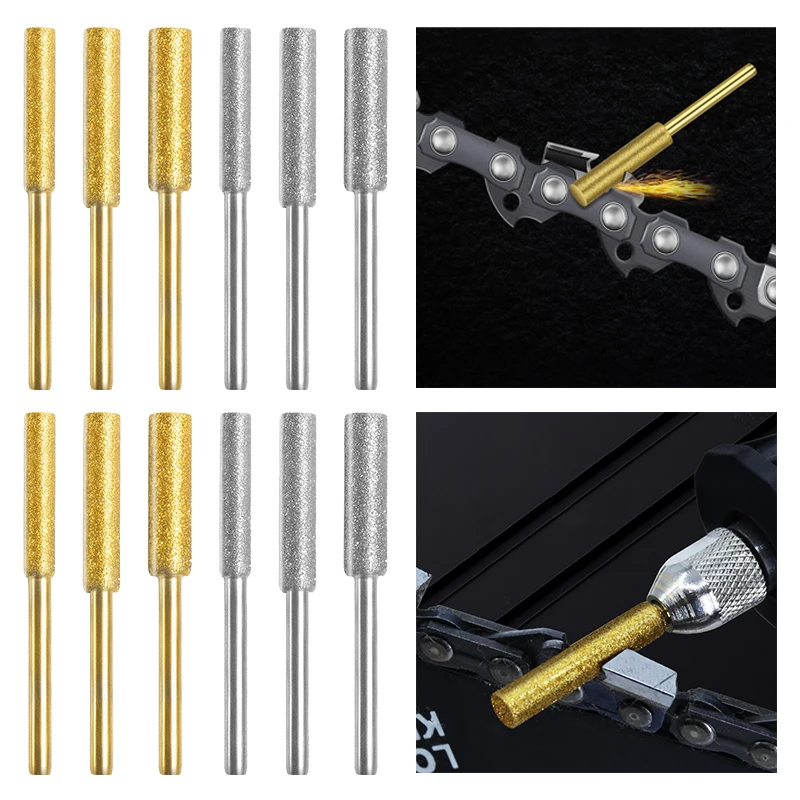 Afiador cilíndrico de motosserra, serra de corrente, escultura revestida, ferramentas de diamante, arquivo de moagem de rebarbas, 4/4.8/5.5mm, pedra 6/12 peças