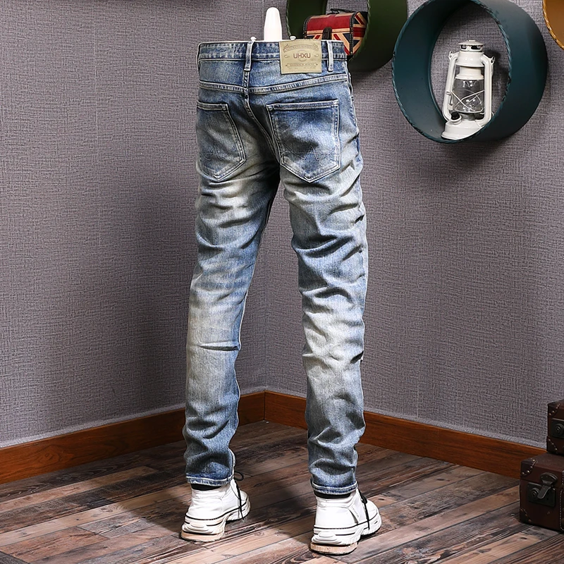 Italian Style Fashion Men Jeans High Quality Retro Blue Slim Fit Ripped Jeans Men Trousers Vintage Designer Denim Pants Hombre