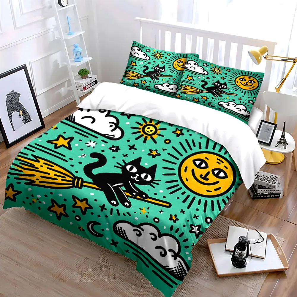Cat on broomstick flying sky Print Bedding Set 1 Duvet Cover 2 Pillowcases for Adult and Children Luxury Gift Full Size