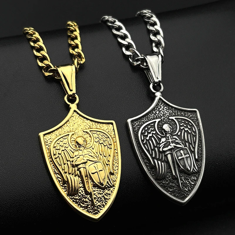 Vintage Saint Michael Archangel Cross Wing Necklace for Women Men Stainless Steel Gold Color Knight Shield Chain Amulet Jewelry