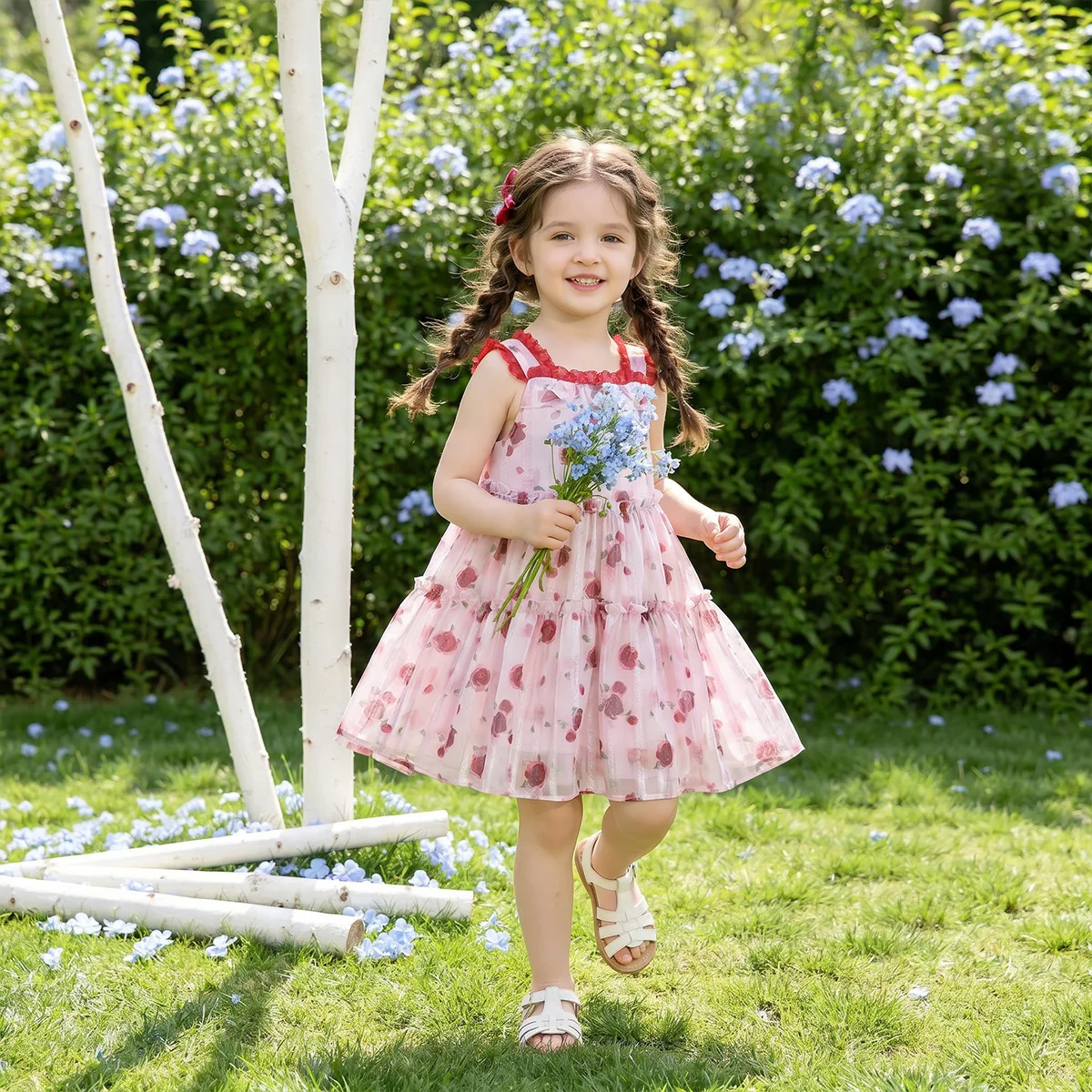 

Girls' Korean Summer New Baby Girl Floral Lace Collar Strap Princess Dress
