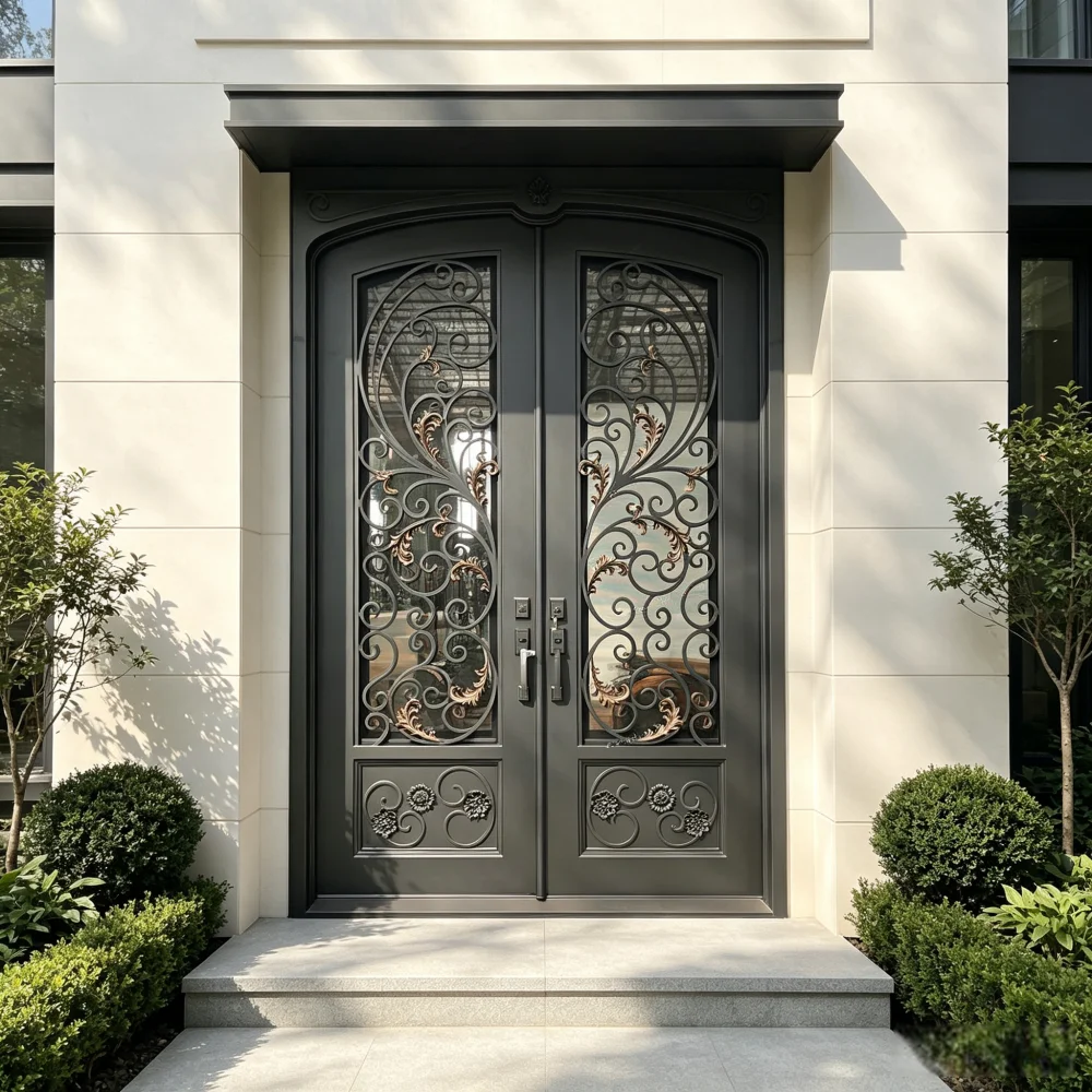 Custom Factory Wholesale Residential Apartment Soundproof Front Villa House Finished Surface Wrought Iron French Glass Doors