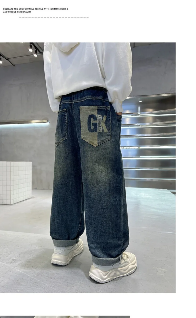Jeans für Teenager und Jungen, UNITIM, Herbstkollektion, Kinder-Jeans mit Buchstabenmuster und Taschen, lässige Jeans mit elastischem Bund, für Jungen von 2 bis 12 Jahren, gerade geschnittene Hose. – Detail 10