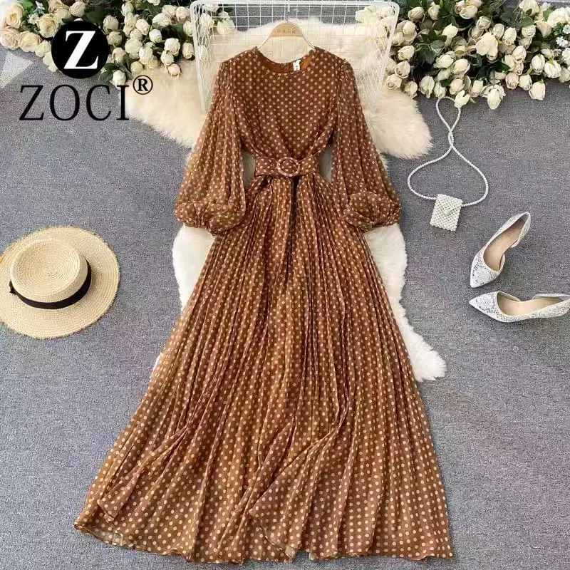 [ZOCI] French Light Mature Style Round Neck Wave Dot Women's Flowing Mesh Dress Waist Wrapped To Show