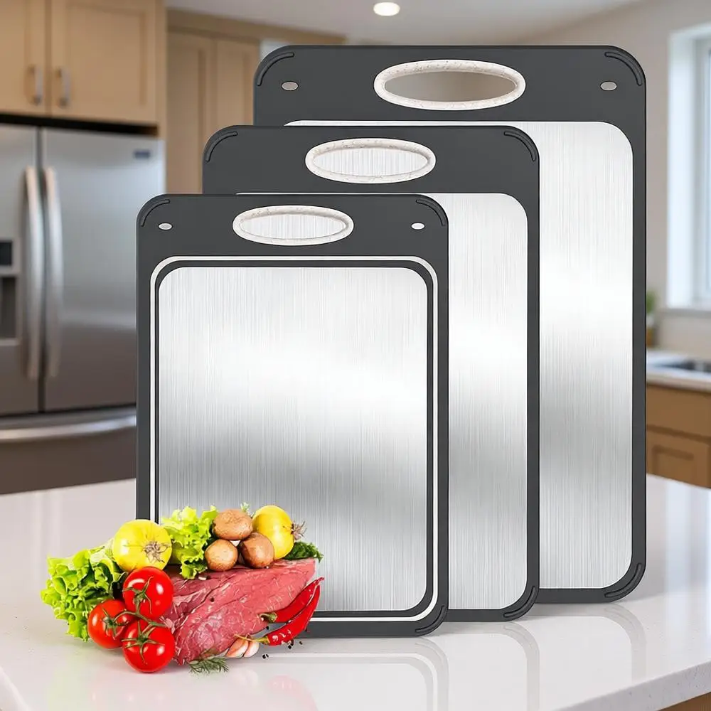 

Набор из трех двусторонних разделочных досок из нержавеющей стали — большие, легко моются, разные размеры (14x9,6, 15,7x10,6, 17,7x12,2 дюйма)