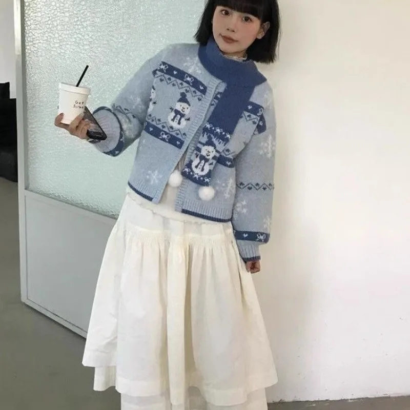 2025 Fair Isle Sweter Natal Kardigan Manusia Salju Mantel Rajut Atasan Baru Malas untuk Wanita Mungil Mode Musim Gugur Musim Dingin