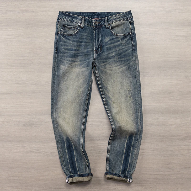 Retro blue jeans trend retro wash straight leg casual pants Wear resistant stretch commuter pants for men