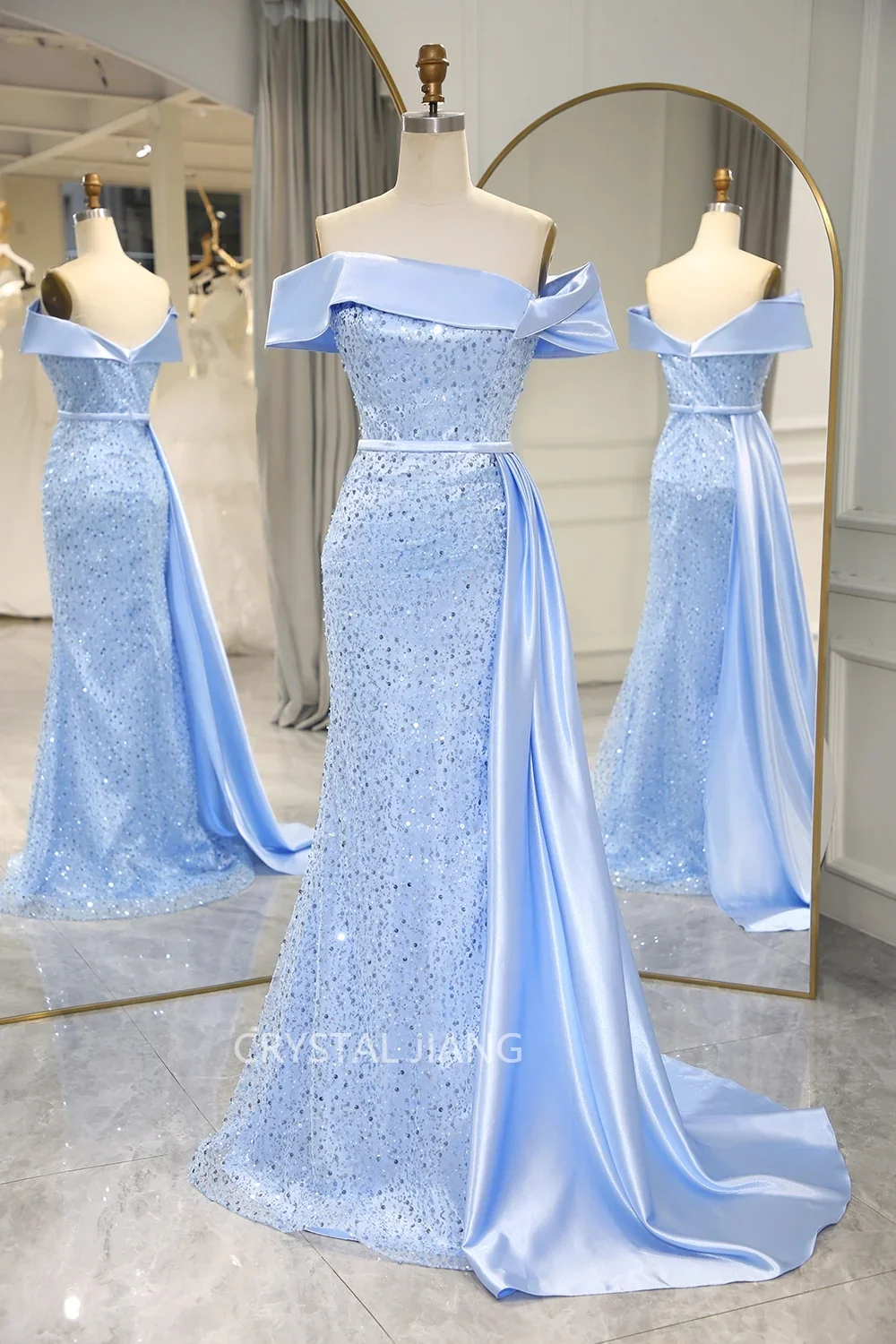 

Elegant Long Off the Shoulder Sequin Prom Dresses Short Sleeves Mermaid Sweep Trainفساتين مناسبة رسمية Party Gowns