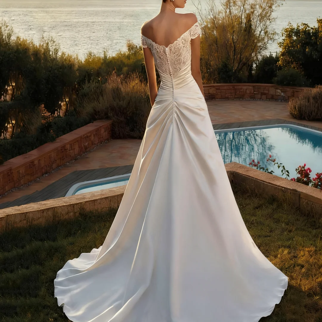 Abiti da sposa eleganti personalizzati in raso con spalle scoperte Sweetheart Appliques in pizzo A Line Abiti da festa formali per la sposa