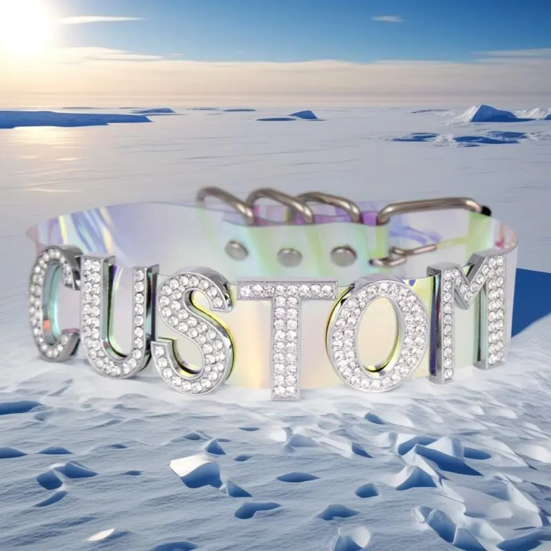 

30MM Punk Cute Custom Choker Letters CUSTOM Necklace Women Clear Dazzling Colored Laser PU Buckle Collar Chocker Cosplay Jewelry