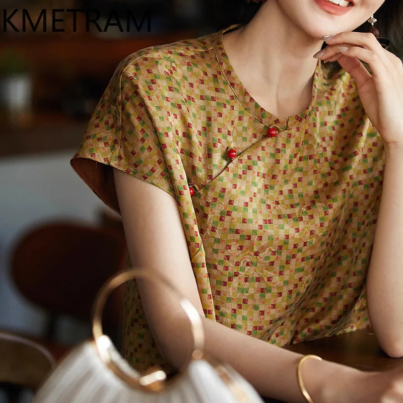 

KMETRAM 100% Real Mulberry Silk Women T Shirts & Skirts Xiangyun Sha New Chinese Style Summer Tops Skirt Woman Clothes 2026 топ