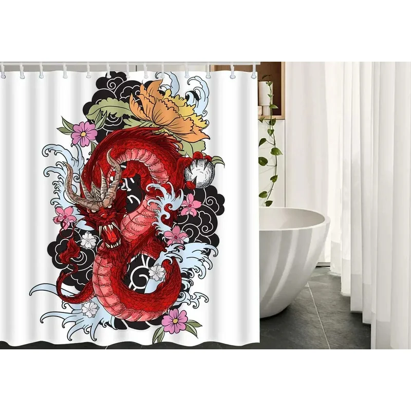 Dragon Chinese Traditional Asian Tattoo Hand Drawn Flower Culture Mascot Funny Shower Curtain