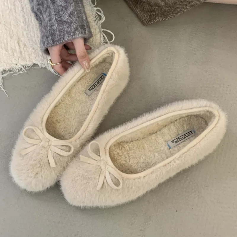 

Fall Winter Warm Fluffy Flat Mary Jane Shoes Women Elegant Bow Decoration Round Toe Loafers Soft Sole Comfortable Ballet Flats