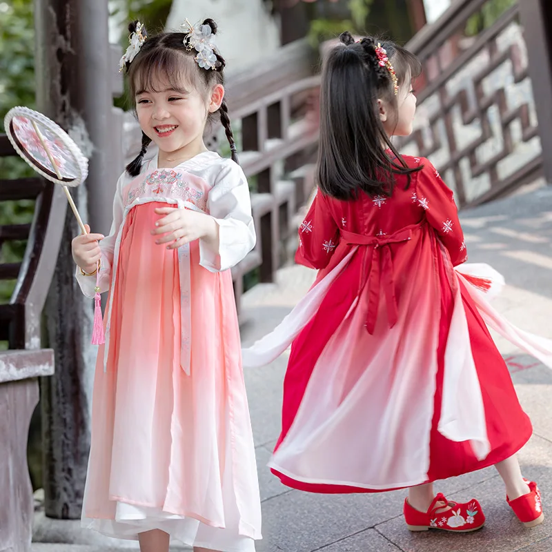 소녀 봄 가을 새로운 고대 자수 Hanfu 중국 스타일의 전통 드레스 아이 파티 저녁 성능 Vestido 의상