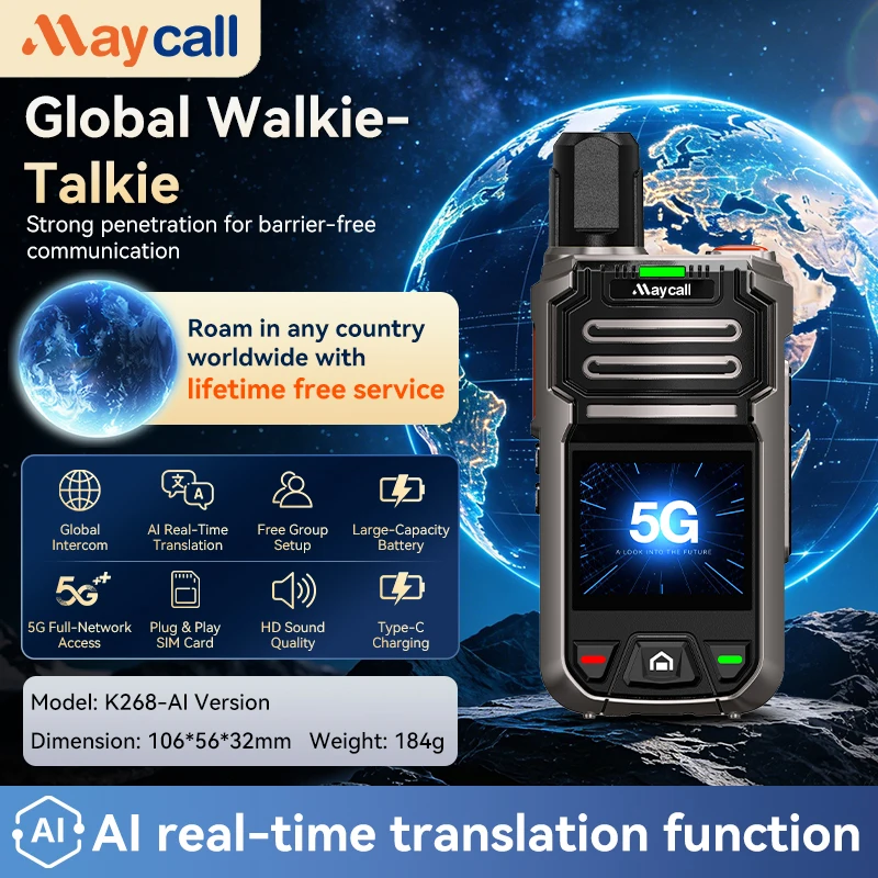 Maycall K268-AI 5G Global Walkie Talkie Lifetime Free Service AI Real-Time Translation Intercom Type-C Charging Long Range radio