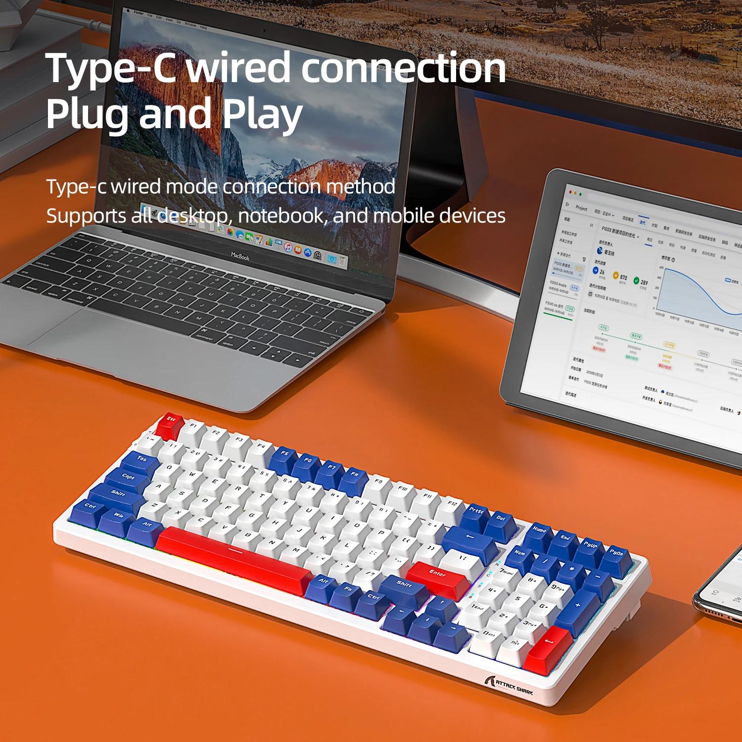 Teclado mecânico com fio Attack Shark, conexão tipo C, interruptor vermelho amarelo personalizado com efeito RGB para laptop, Mac, Android ﻿