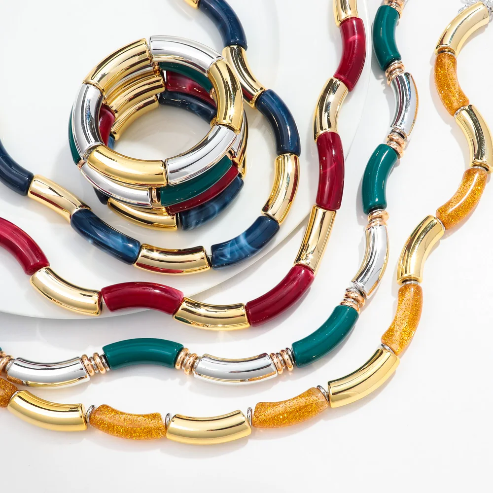 New Colorful Acrylic Chunky Bamboo Tube Necklaces Bracelet Women Fashion Resin Elbow Beaded Bangle Choker Stackable Jewelry Gift