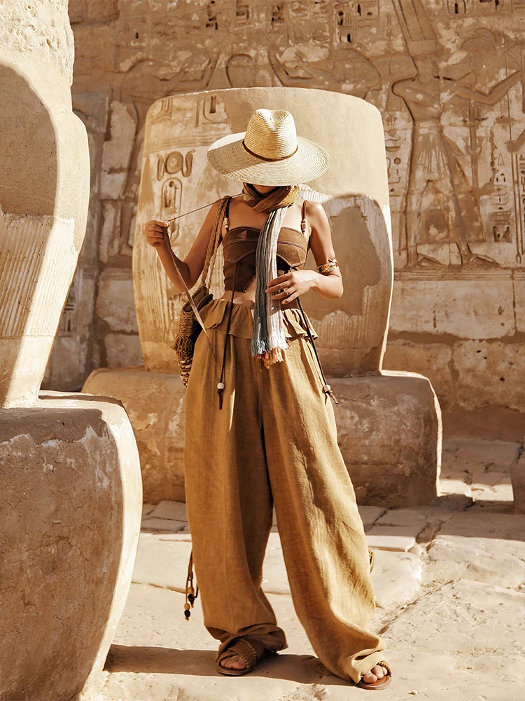 

Loose Casual Wide Leg Pants Dstring Linen High Waist Bend Knife Pants Commute Sle Vintage Flounce