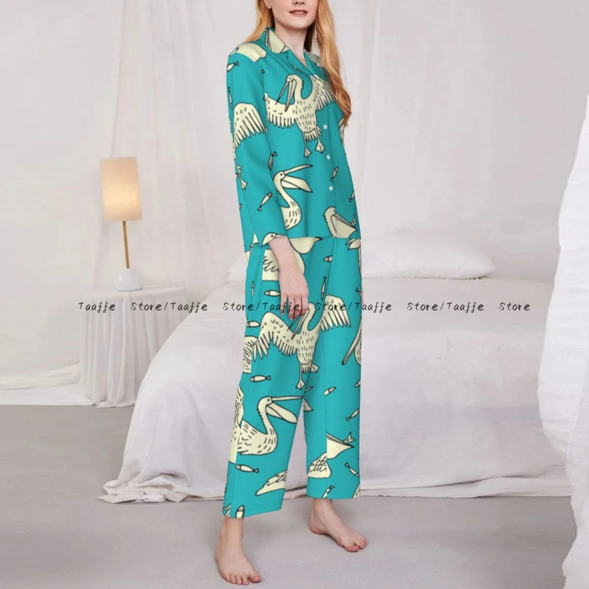 Pajama Set Women's Long Sleeve Pants Two Piece Pelican Aquatic Nature Birds Little Fish Inspired Background Home Furnishing Set