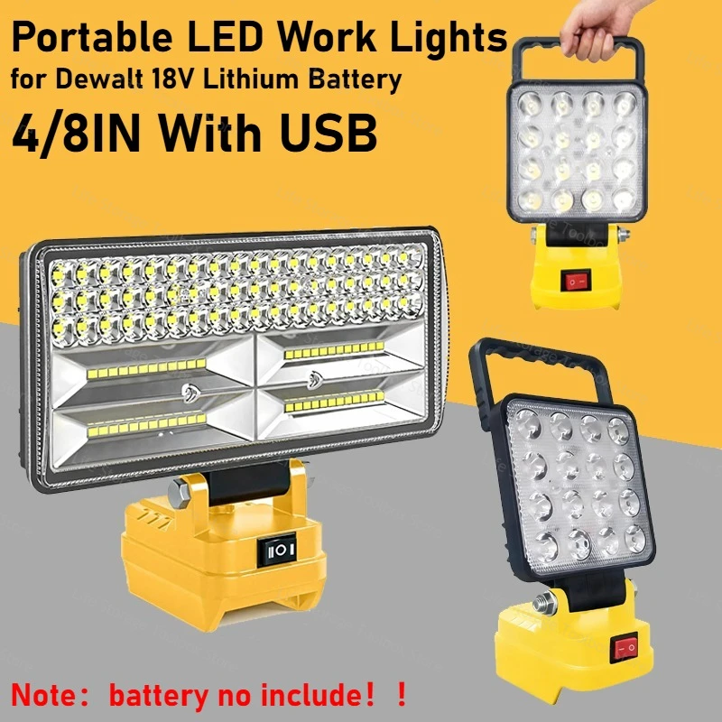 

LED Work Lights for Dewalt 18V Lithium Battery Power Tool Parts Handheld Lamp Spotlights Flashlight Hand Lantern 2 USB Charger