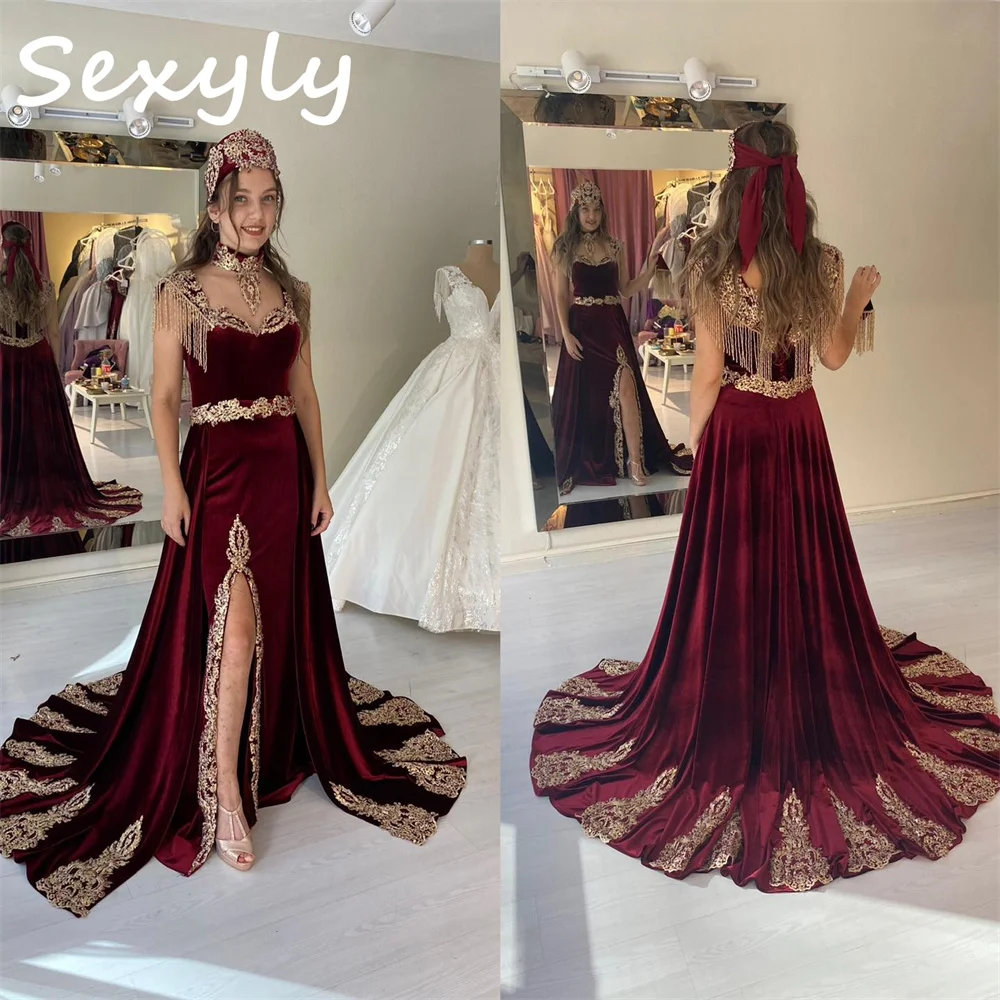 Luxe Karakou Algerien Evening Dress With Detachable Train Burgundy Velvet Cafan Mermaid Prom Slit Lace 2 in 1 Turkey Customized