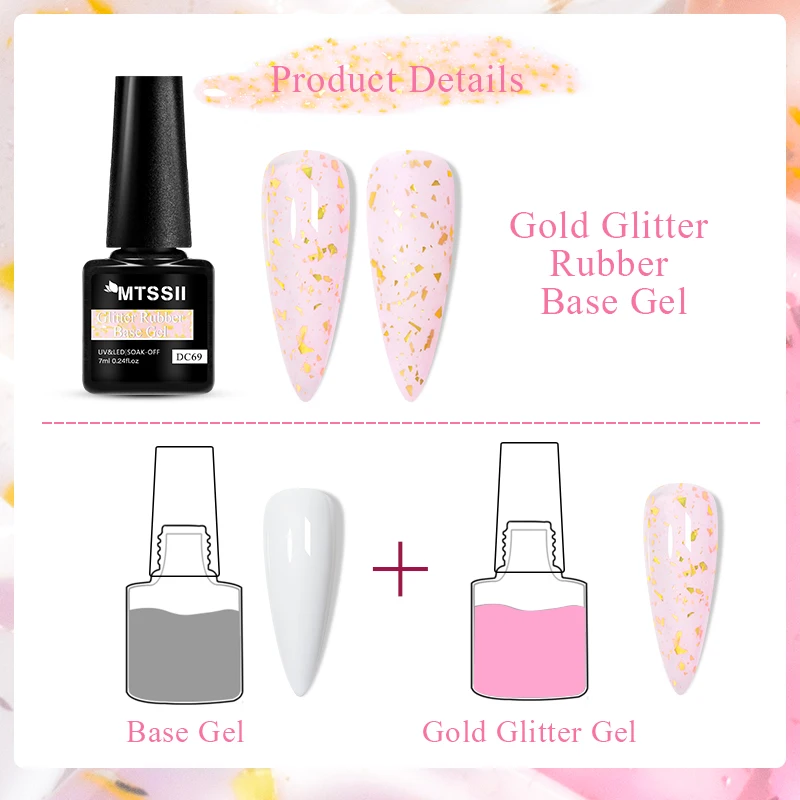 Mtssii 7ml Glitter Rubber Base Gel Pink Milky Gold Foil Sequins Soak Off Semi Perment UV LED Self-leveling Nail Art Varnish