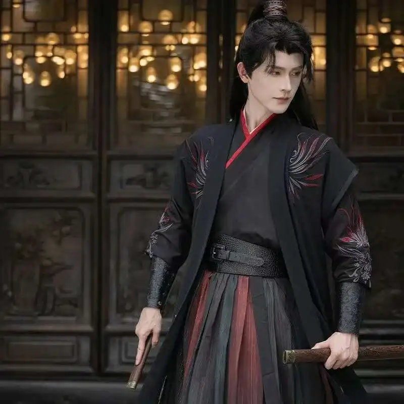 Vestido Hanfu Original negro y rojo para hombre, traje tradicional con cuello cruzado bordado, espadachín nocturno Vintage, ropa de Cosplay de nicho