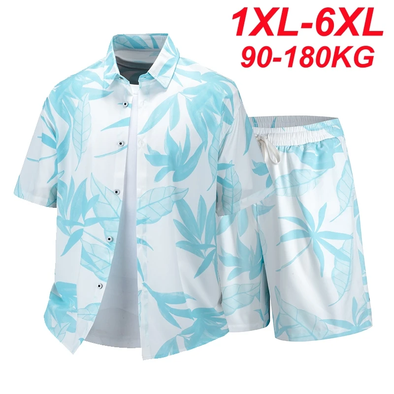 Plus Size 6xl 180kg Beach Tracksuit Men 2 Piece Sportswear Set Quick Dry Hawaiian Shirt Shorts Suits Print Summer Loose Clothing