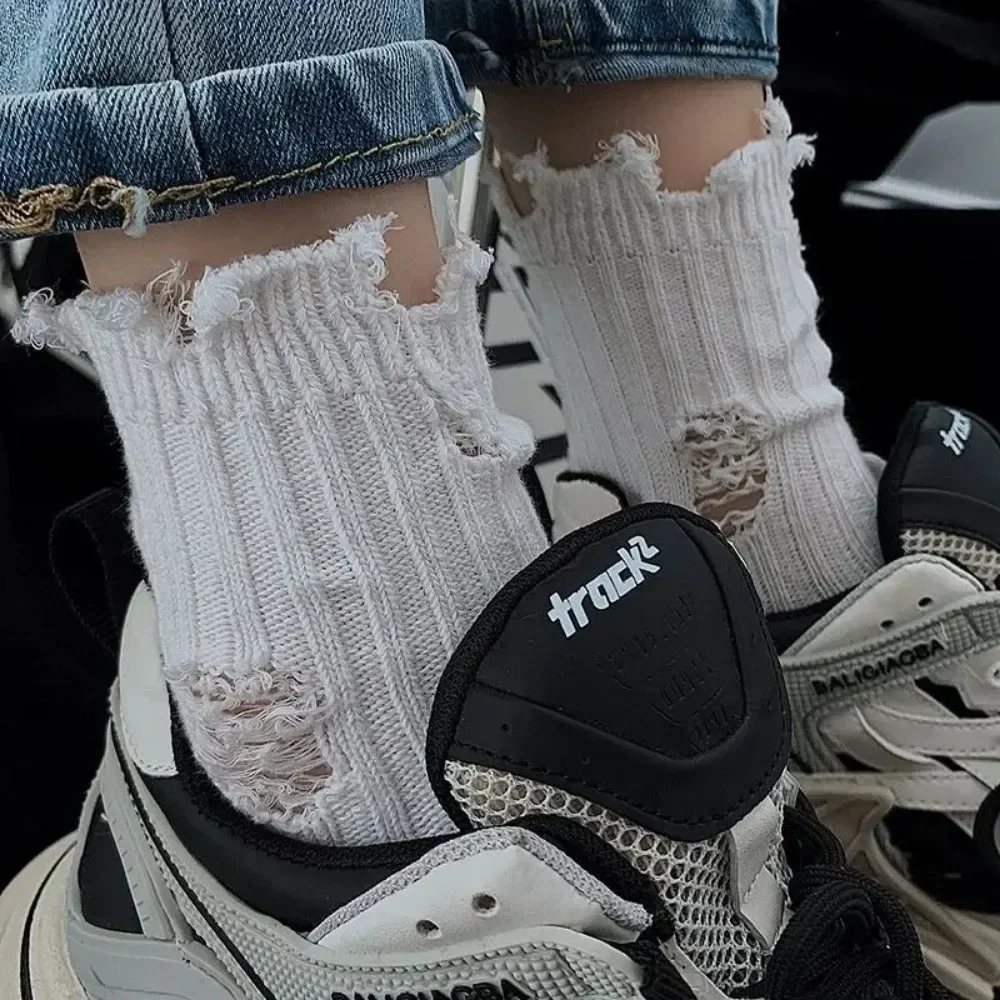 Broken Hole Socks Women Skateboard Beggar Cotton Socks Medium Tube Knitted Street Stocking Trendy Ripped Sox Носки Женские Чулки image 5