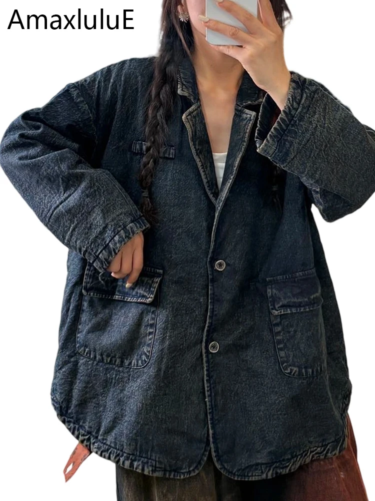 

Amax LuluE 2025 Womens Winter Padded Denim Coats Ladies Vintage Luxury Casual Jackets Loose Vintage Thicken Warm Cotton Parkas