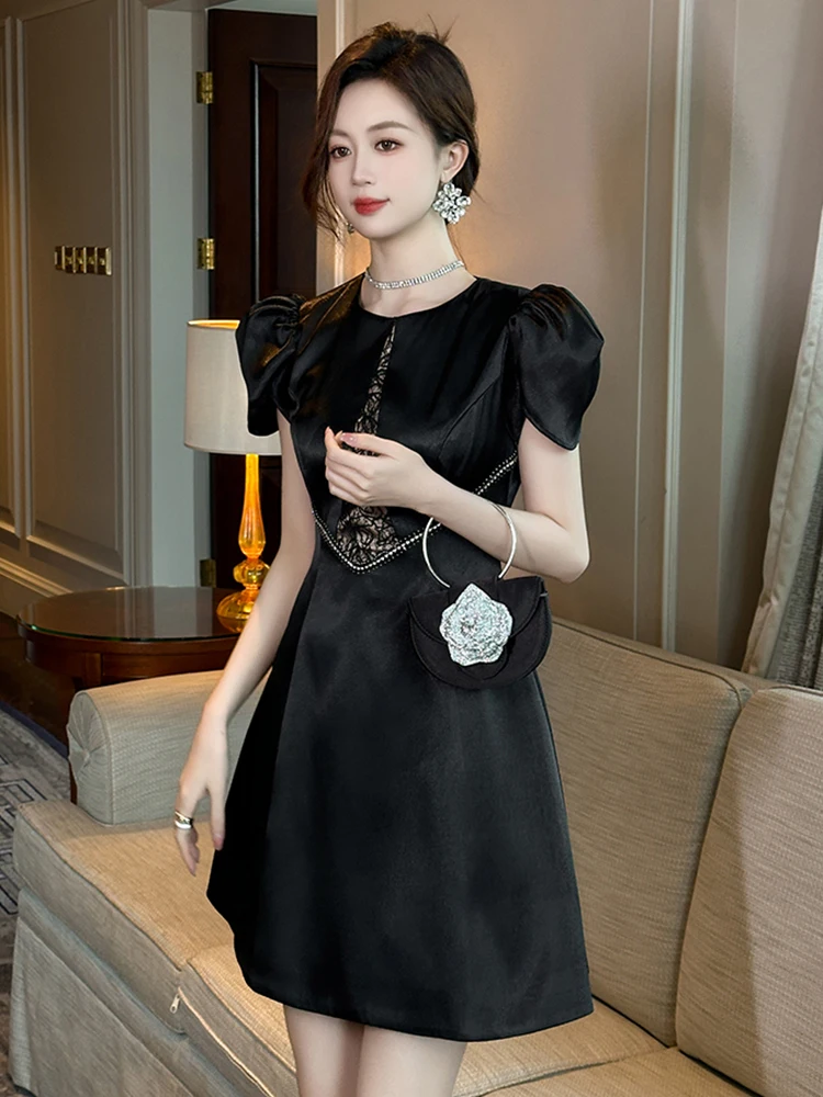 French Retro Elegant Mini Dress for Women Chic Black Satin Lace Splice Short Gown Femme Party Ball Vestidos Lady Banquet Clothes