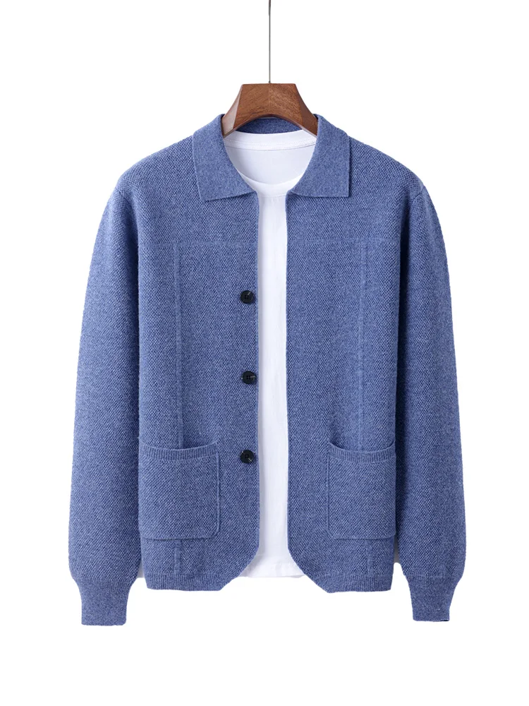 100% Merinowol Heren Revers Kraag Gebreid Vest Herfst Winter Dikker Effen Kleur Polo Hals Pak Shirt Kasjmier Jas trui