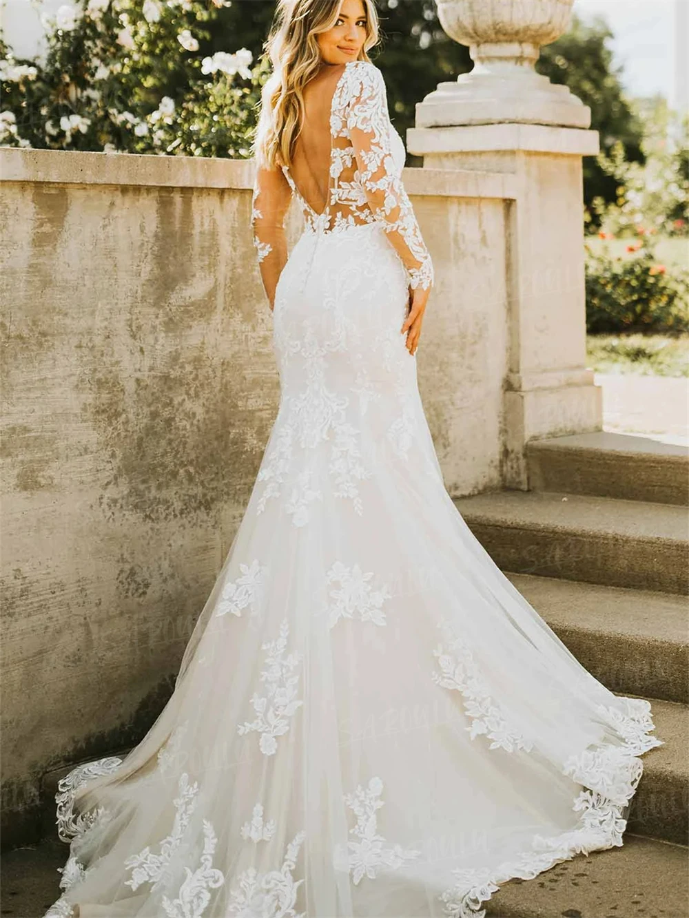 Plus Bride Dress With Long Sleeve Mermaid Wedding Dresses Illusion Backless Wedding Dresses For Women 2024 Boho Lace Bridal Gown