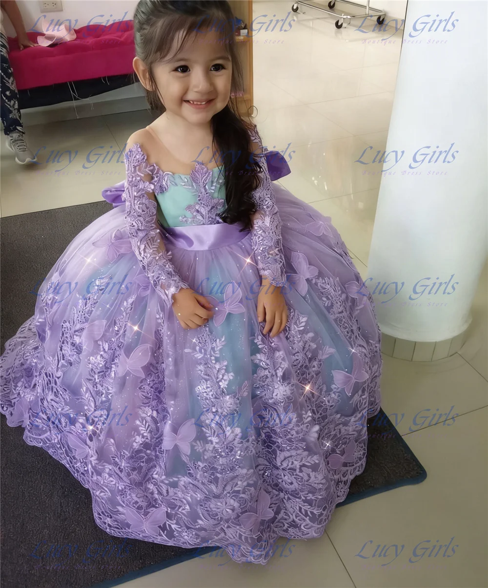 Quality Lovely Lavender Flower Girl Dress Tulle Fluffy Bow Wedding Ball Dresses Little Princess Kids Birthday Party Evening Gown
