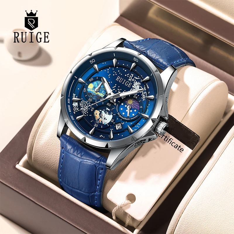 RUIGE Star Sea Watch Fashion Business Quartz Watch Sun, Moon and Star Multifunctional Luminous Waterproof Father's Day Gift