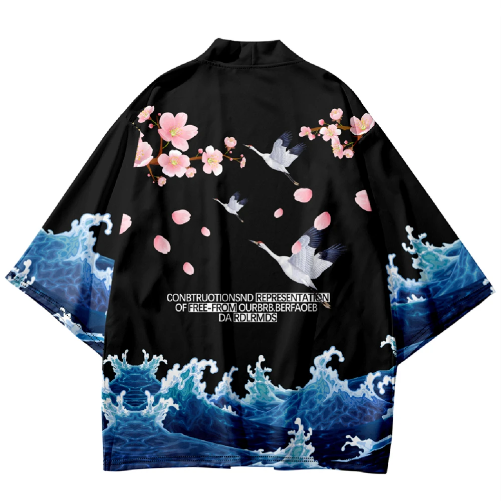 

Summer Beach Kimono Sakura Crane Print Shirt Haori Fashion Kimono Yukata Men Oversized Tops