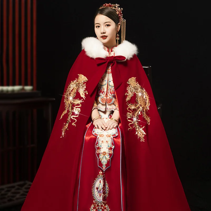 Mingli Tengda RedBride Long Red Cloak Wedding Master Wedding Dress Shawl Coat Red Joyful Chinese Wedding Show He Outwear