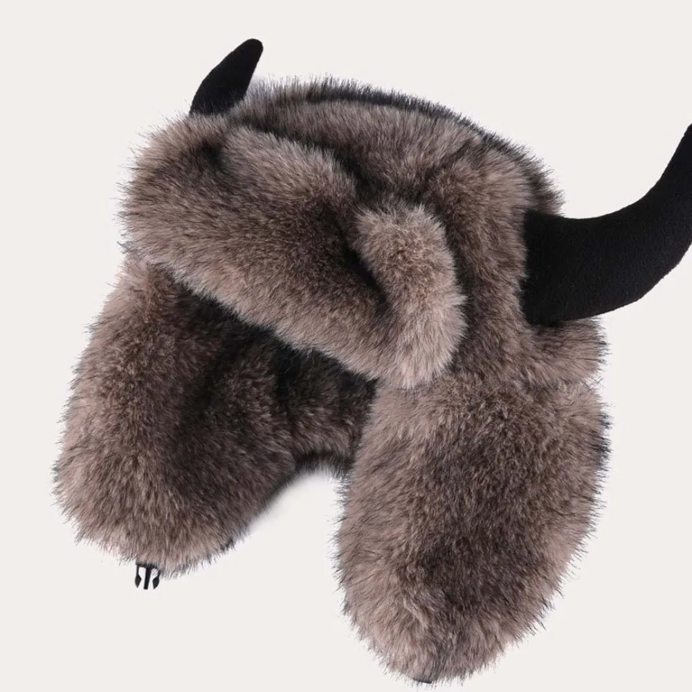 Mink Texture Faux Fur Hat Windproof Fabric Adjustable Strap Winter Trapper Caps Solid Pattern Soft Touch Bull Horns Bonnet