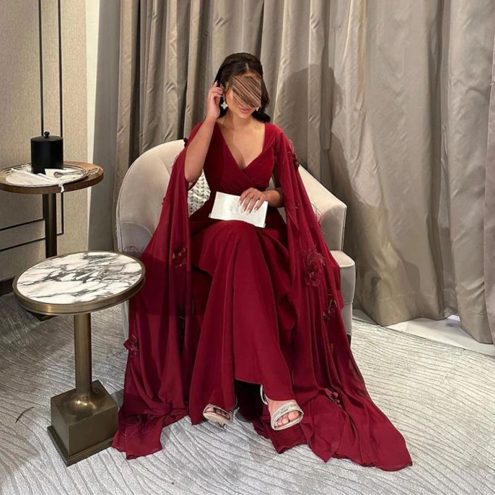 

Exquisite Burgundy Evening Dress A-Line Floor Length Long Sleeves with 3D Flowers Applique Customized Women فساتين سهرات