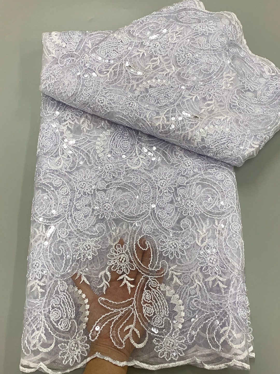 Pure White African Guipure Cord Lace Fabric 2024 Hight Quality French Flocking Luxury Sequins Lace Fabric For Woman Evening Dres