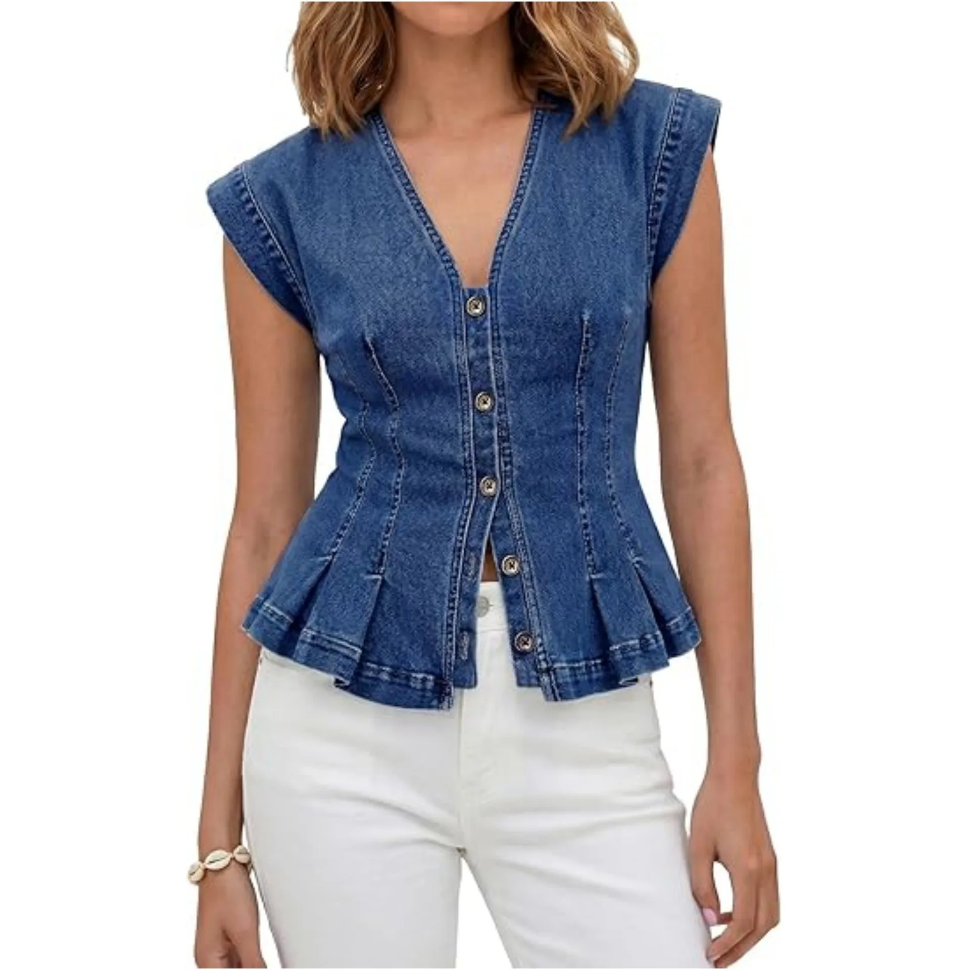 Summer Women's Corset Vest Button Front Crop Tank V Neck Peplum Hem Sleeveless Top Light Blue Pleated Waist Denim Slim Fit